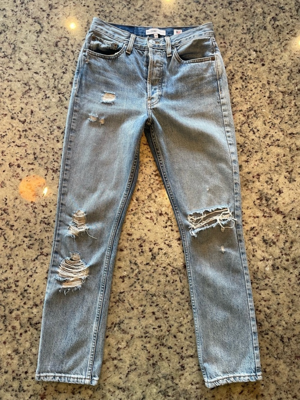 Redone Light Wash Distressed slim straight button fly Classic High-Rise jeans 25